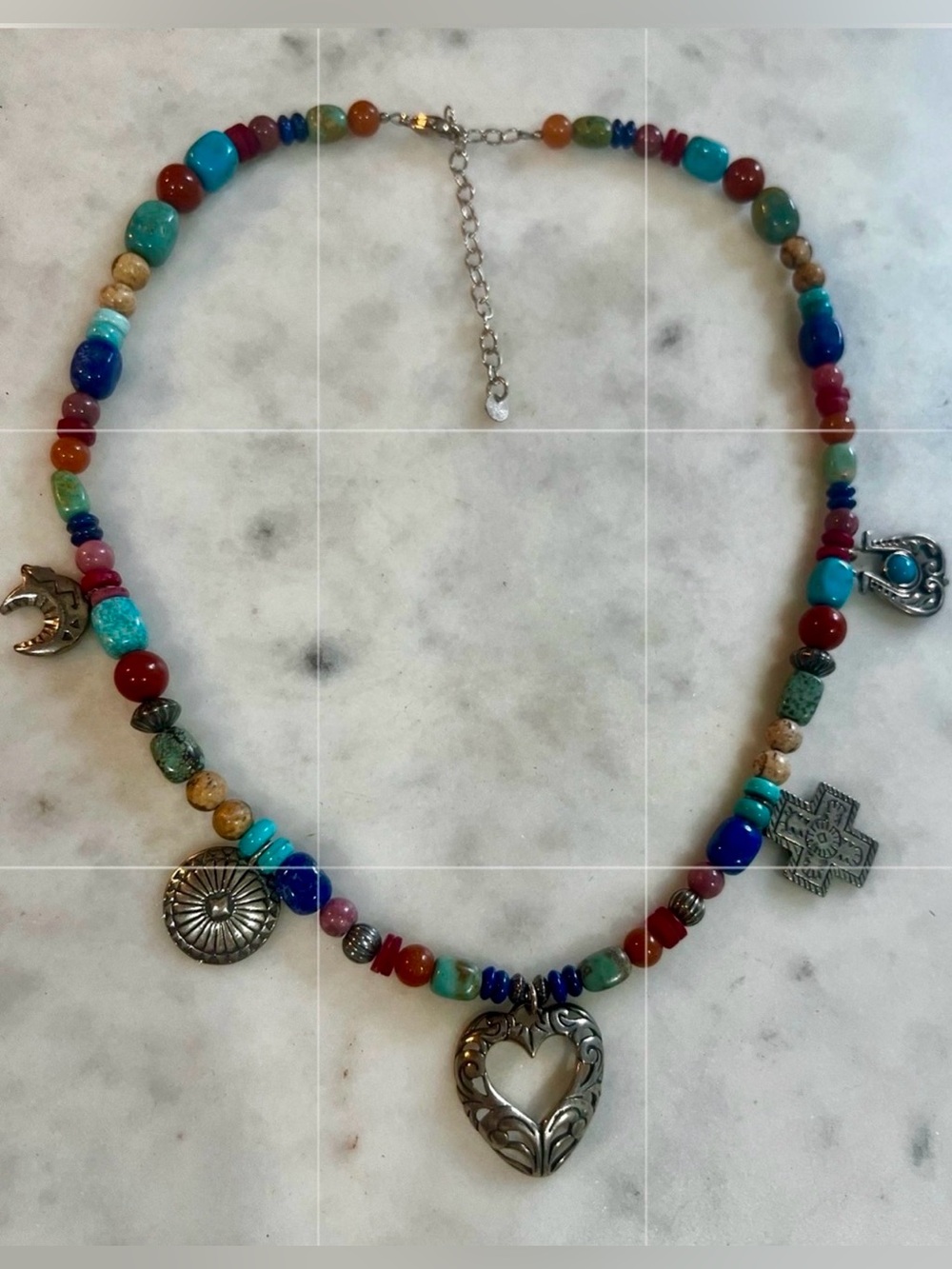 Vintage Shube Dakota West Navajo Southwestern 925 Multi Gemstone Charm Necklace